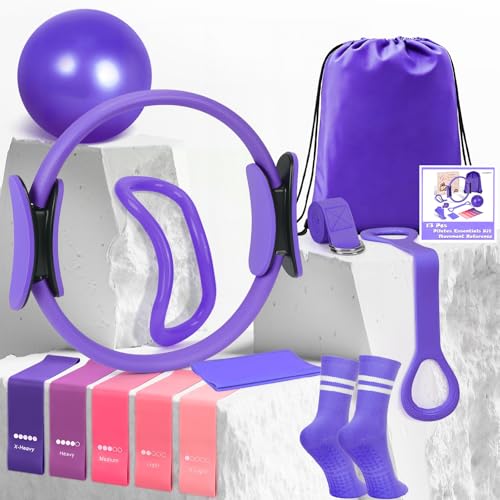 홈 필라테스 에센셜 키트, 여성용 필라테스 장비 세트, 22.9cm(9인치) 요가 볼, 피규어 8 저항 밴드, 필라테스 밴드 및 액세서리, 필라테스 링 및 볼 세트 초보자용 홈 운동 - color: 퍼플.