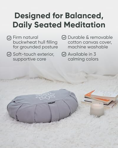 Mindful & Modern Large Meditation Cushion | Zafu Yoga Bolster Meditation Floor Pillow Seat | Buckwheat Hull Filled Crescent Shaped Cushion with Removable Washable Cover + Carry Handle | Grey - color: Crescent - Grey
