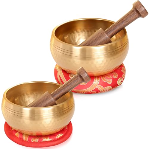 Relaehih 2-Pack Tibetan Singing Bowls Set - 100% Handmade in Nepal, Sound Bowl Meditation Set for Yoga, Chakra Healing, Meditation Gifts, Unique Gifts for Women - color: Red