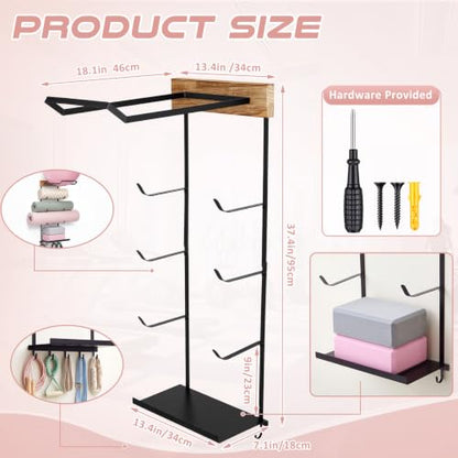 Junkin Yoga Mat and Ball Holder Wall Mount, 4-tier Yoga Mat & Ball Storage Rack, Metal Floating Shelf, Home Gym Organizer for Hanging Foam Rollers & Resistance Bands, Wood Color