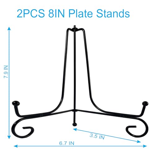 HENABLE 2PCS Premium Black Iron Plate Stands for Display 8 Inch, Decorative Solid Metal Plate Holders for Displaying, Mini Easel, Frame, Book, Card, Plaque, Bowl, Picture Stands for Display - size: 2PCS 8IN