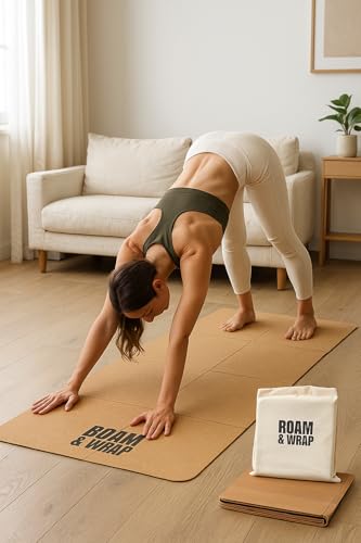 Roam & Wrap Travel Yoga Mat Packable & Foldable – 5mm Cork Yoga Mat, Not Rolled, Lightweight Portable Yoga Mat for Travel, Carry-On, Pilates & Gym