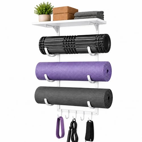 Wall Mount Yoga Mat Storage Rack, Heavy Duty Iron Organizer with 3-Tier J-Hooks, Wide Top Shelf and 5-Hook Bottom Rail for Yoga Mats, Foam Rollers, Blocks and Home Gym Accessories - color: White