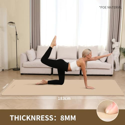 Extra Wide & Thick 8mm Yoga Mat, 72"x31.5" | Large Non Slip Exercise Mat, Premium POE Material, Superior Cushioning & Stability, With Strap for Home Gym, Pilates - color: Milk Coffee
