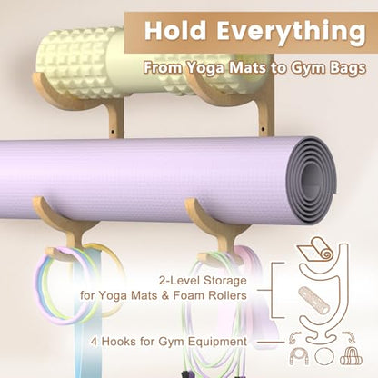 Wooden Yoga Mat Holder Wall Mount, Yoga Mat Storage Rack Organizer - color: Wood 2-tier