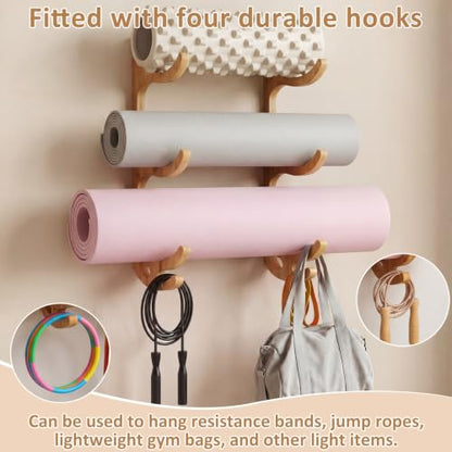 Junkin Yoga Mat Holder Wooden Wall Mount, Yoga Mat Gym Equipment Storage with 4 Hook Storage Holder for Hanging Foam Rollers and Resistance Bands for Home Gym or Fitness Class(Brown,3 Tier)