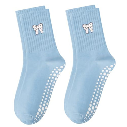 Women's Pilates Grip Socks, Ruffle Non Slip Bow Pattern Yoga Socks | Grippy, Frilly Trim, Embroidery, Crew Length, Soft Cotton, Arch Support, for Barre Ballet Dance Workout Hospital Home Gifts - color: C05-blue(white Bow)*2