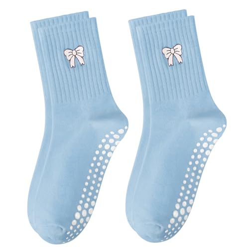 Women's Pilates Grip Socks, Ruffle Non Slip Bow Pattern Yoga Socks | Grippy, Frilly Trim, Embroidery, Crew Length, Soft Cotton, Arch Support, for Barre Ballet Dance Workout Hospital Home Gifts - color: C05-blue(white Bow)*2