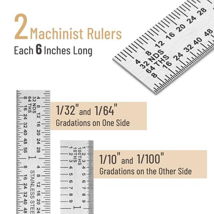 Mr. Pen- Machinist Ruler, 6 Inch, 2 Pack, Stainless Steel Imperial | Precision Measuring Tool, 1/10, 1/100, 1/32, 1/64 Inch Graduation for Engineering, Carpentry, Drafting, Office, School - style: 6 inch, 2 Pack 1/10-1/100 Graduation