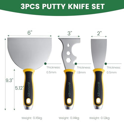 VOOMEY Putty Knife Set, 3PCS Paint Scraper Tool Kit with 12-in-1 Painter's Tool, Stainless Steel Putty Knives for Drywall Repair, Spackle, Wallpaper Removal & Wall Patching