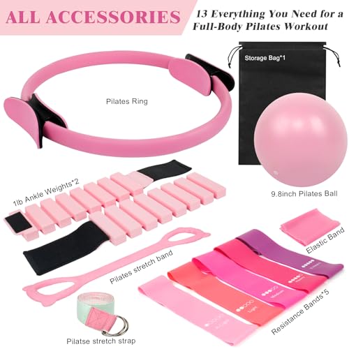 Home Pilates Essentials Kit for Women, Complete 13-in-1 Pilates Equipment Ring and Ball Set with 5 TPE Resistance Bands, Ankle Weights, 8-Shaped Pull Band, Stretch Strap and Waterproof Bag - size: 13PCS