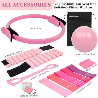 Home Pilates Essentials Kit for Women, Complete 13-in-1 Pilates Equipment Ring and Ball Set with 5 TPE Resistance Bands, Ankle Weights, 8-Shaped Pull Band, Stretch Strap and Waterproof Bag - size: 13PCS