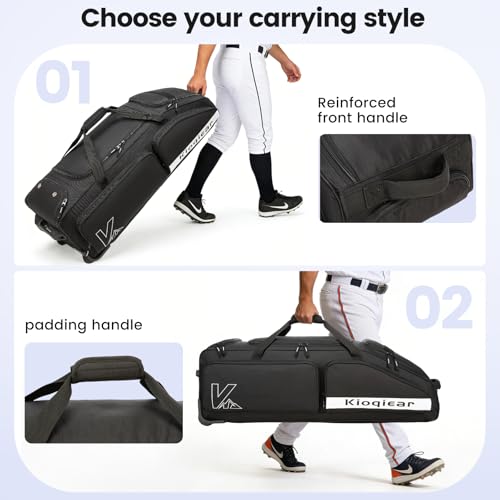 Catchers Gear Bag with Wheels for 4 Bats, 80L Rolling Baseball Bag - color: Black