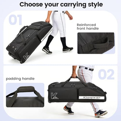Catchers Gear Bag with Wheels for 4 Bats, 80L Rolling Baseball Bag - color: Black