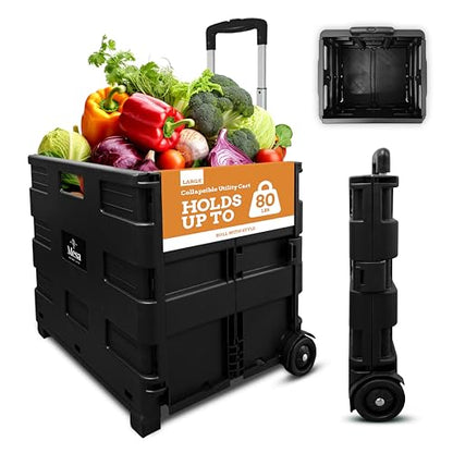 Inspired Living Collapsible Ultra-Slim Pack-N-Roll, 2 Wheel Utility Cart , With Telescopic Handle - Super Strong up to 80 Lbs Load Capacity, Black - color: Black, size: Large/ No Lid