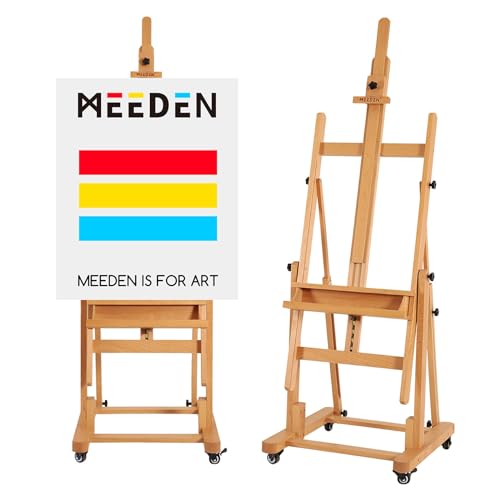MEEDEN Extra Large Heavy-Duty H-Frame Studio Easel - Solid Beech Wooden Artist Professional Easel, Painting Art Easel Stand with 4 Premium Locking Silent Caster Wheels, Hold Max 82" - color: Natural, size: Large
