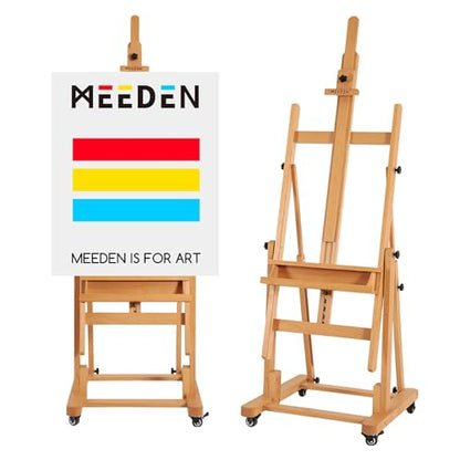 MEEDEN Extra Large Heavy-Duty H-Frame Studio Easel - Solid Beech Wooden Artist Professional Easel, Painting Art Easel Stand with 4 Premium Locking Silent Caster Wheels, Hold Max 82" - color: Natural, size: Large