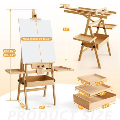 Beech Wood H-Frame Painting Easel Stand,Flat & Upright Adjustable Art Easel | Adjustable height 48"-80" & tilt 0°-90", fits 30"-50" canvas, Foldable wooden easel with storage drawer & trays for adults - color: Warm Natural