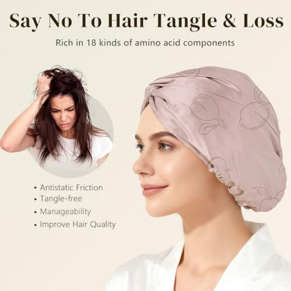 ZIMASILK 22 Momme 100% Pure Silk Bonnet for Sleeping, Pink-Fruit Line Art - color: Pink - Fruit Line Art