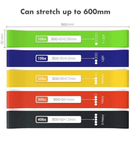 Resistance Loop Exercise Bands Set of 5, Latex Workout Bands with Carry Bag, Strength Bands for Legs, Butt, Body, Fitness, Yoga, Pilates, Women, Men and Kids