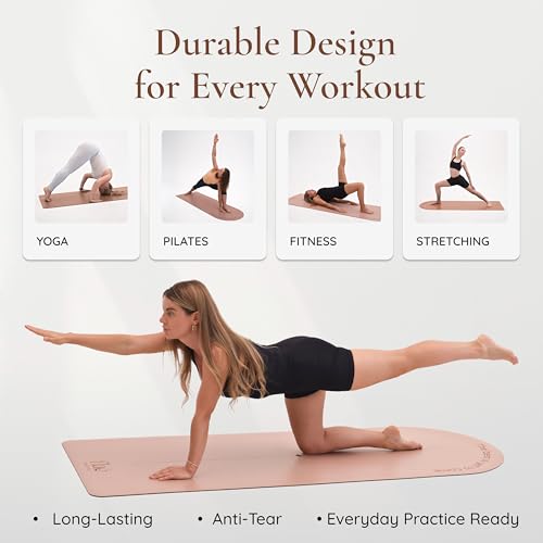 Premium PU Yoga Mat | Sweat-Activated Non-Slip Grip | Natural Rubber Base | Arch-Shaped Design with Carry & Stretch Strap | For Yoga, Pilates & Stretching & Workouts - color: dusty pink