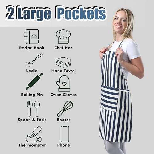 TOSHEX Kitchen Apron Cotton Waterdrop Resistant Adjustable Button Women Men | Premium Cotton Cooking Apron with Pocket. Striped, Gift, Navy Blue - color: Navy Blue