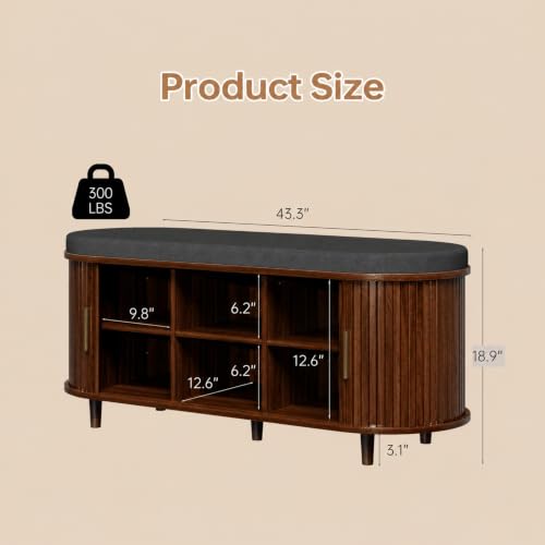 DHH 2-Tier Storage Bench,Wide Shoe Bench with Thickened Padded Seat Cushion, Mid Century Modern Fluted Sliding Door and Adjustable Shelf, for Entryway, Living Room, Bedroom (Walnut, 43.3“) - color: Walnut, size: 43.3 inch