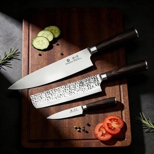 imarku 3 Pieces Knife set, Japanese HC Stainless Steel Kitchen Knife Set, Professional Chef Knife Set With Ergonomic Pakkawood Handle, Ultra Sharp Knives Set for Kitchen & Home Cooking, Best Gifts - color: Red-brown