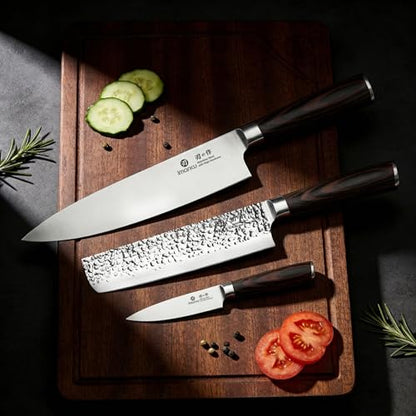 imarku 3 Pieces Knife set, Japanese HC Stainless Steel Kitchen Knife Set, Professional Chef Knife Set With Ergonomic Pakkawood Handle, Ultra Sharp Knives Set for Kitchen & Home Cooking, Best Gifts - color: Red-brown