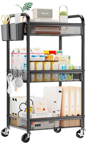 YASONIC 3 Tier Metal Rolling Cart, Black Utility Storage Cart with Wheels - color: Black, size: 3-tier