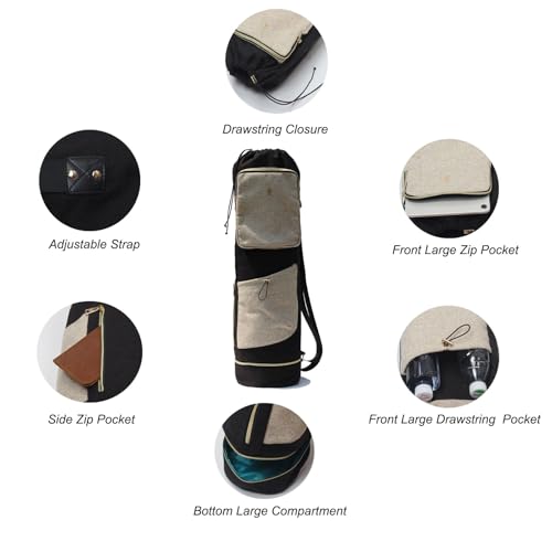 ESVAN Yoga Mat Bag with Multi Pockets Drawstring Yoga Mat Carrier Pilates Exercise Multi-Functional Storage Bag - color: Linen Black Beige