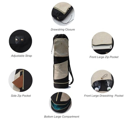 ESVAN Yoga Mat Bag with Multi Pockets Drawstring Yoga Mat Carrier Pilates Exercise Multi-Functional Storage Bag - color: Linen Black Beige