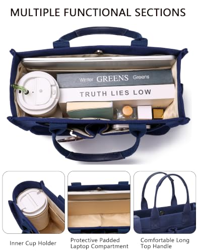 ZHMO Canvas Tote Bag for Women,Women's Bags Crossbody Bags Work Laptop Tote Bag Large Handbags Purse for Travel Nurse Teacher - color: Navy Blue With Compartments