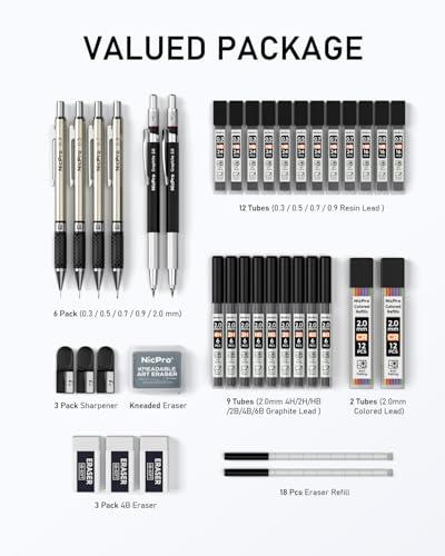 Nicpro 37PCS Art Mechanical Pencil Set, 4PCS Metal Drafting Pencil | 0.3mm, 0.5 mm, 0.7 mm, 0.9 mm & 2PCS 2mm Lead Holder (6B 4B 2B HB 2H 4H Colors) For Sketching Drawing With 23 Tube Lead Case - color: Black, style: 0.3 0.5 0.7 0.9 2.0