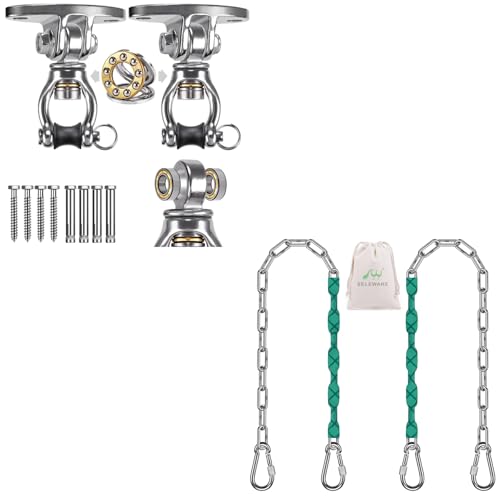 SELEWARE Ultimate Swing Hanging Kit: 65" Heavy Duty Chains (1000LB) + Silent Bearing Swivel Hanger (1200LB) - Stainless Steel Hanging Hardware for Swings, Hammocks, Punching Bags & Aerial Yoga