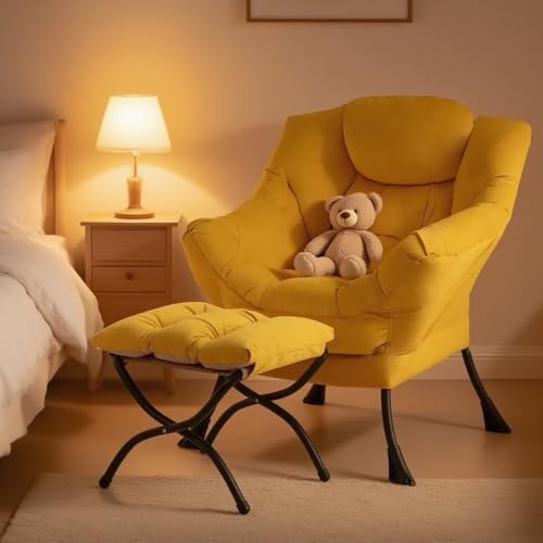 Tiita Lazy Chair with Ottoman, Comfy Reading Accent Chair, Velvet Yellow - color: Yellow