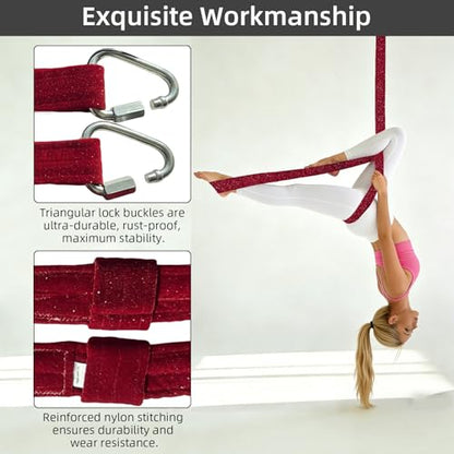PRIOR FITNESS Aerial Loops Set,SGS Certified,9ft Yoga Straps Trapeze 2pcs - color: Glitter Red