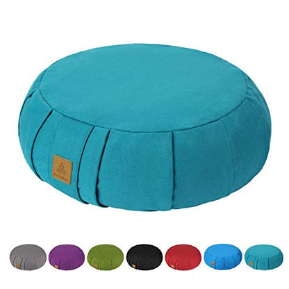 Round Zafu Meditation Cushion, D=15" H=5.5" Zabuton Meditation Pillow, Yoga Bolster/Pillow, Floor seat, Zippered Organic Cotton Cover, Natural Buckwheat, Kneeling Pillow - color: Cyan Blue