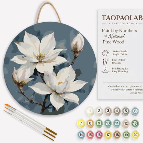 Botanical Art Paint by Numbers Kit for Adults on Wood Board – DIY White Magnolia Flowers on Branch Wood Craft Painting Kit, 12 in Round, Acrylic Paint Set, Beginner-Friendly, Relaxing Home Decor Gift - color: FM04475