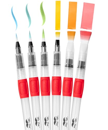 Mr. Pen- Watercolor Brush Pens, 6 pcs | 3 x Point Tips and 3 x Flat Tips Styles, Nylon Bristles, Refillable Watercolor Pens for Acrylic, Gouache, Crayons