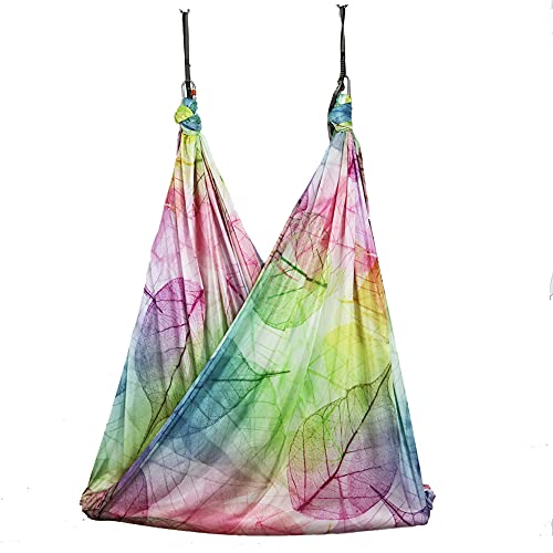 Aerial Yoga Hammock Aerial Pilates Silk Yoga Swing Set Inversion Equipment include daisy Chain, Pose Guide 5.5 yards - color: Colorful Leaf