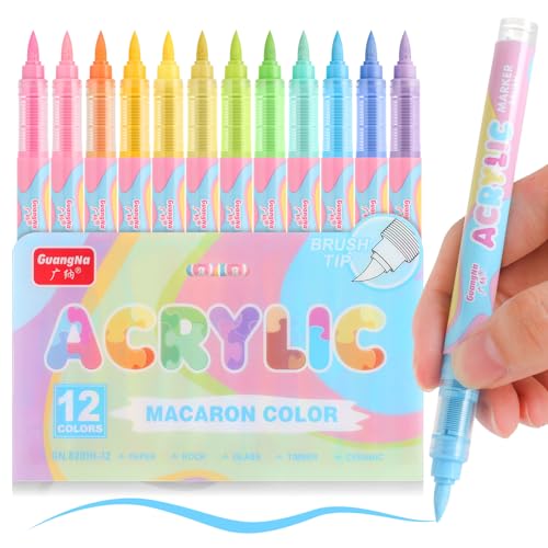 Guangna Acrylic Paint Markers 12 Colors, Skin Tone Series Set with Soft Brush Tip Water Based, Fine Tip Markers for Wood, Canvas, Rock Painting, Glass, Diy Crafts, Fabric Paint - color: Macaron