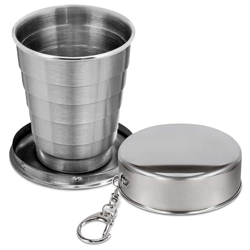 Collapsible Travel Cup with Lid 2.5Oz (75ml) - Leak-Proof Сollapsible Shot Glass Keychain, Highly Portable, Made of Rust & Bend Resistant Stainless Steel - Foldable Cup for Traveling, Fishing, Camping | Small Collapsible Cup with Lid for Camping, Travel a