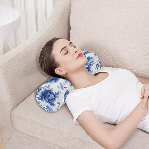 Blue and White Peony Flowers Butterfly Neck Roll Pillow Bolster Round Health Memory Foam Long Cervical Cylinder Pillows with Removable Washable Cover for Body Bed Legs Back Yoga - color: Blue and White Peony Flowers Leaf
