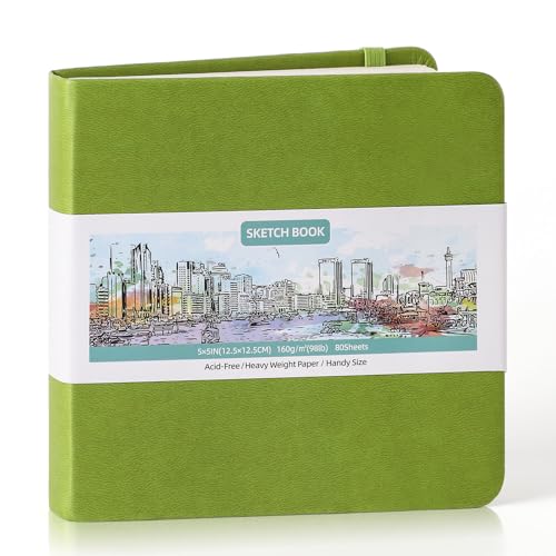 Prudiut 5" x 5" Hardcover Small Sketch Book, 80 Sheets, Emerald Green | 160gsm Acid-Free Travel Sketchbook, Elastic Closure, Ribbon Bookmark, Mini Sketchbook for Sketching & Back to School Gifts - color: Emerald Green