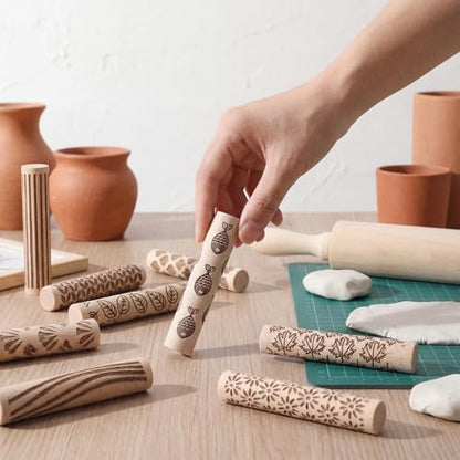 Conderyang 16Pcs Wooden Clay Texture Roller Set Clay Modeling Pattern Rollers Wooden Texture Rollers Wood Pottery Tools Pottery Tool Set for Artists Art Creation Ceramic DIY, 4In x 0.6In（Style 1) - color: Style 1