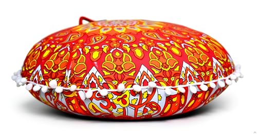CRAFT KALA 22" Mandala Meditation Floor Pillows Cover Pouf Cover Round Seating Bohemian Mandala Cotton Floor Cushion Cover Outdoor Fireplace Seating Living Room Yoga Room Home Décor (Orange Flower) - color: Orange Flower
