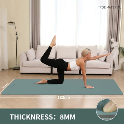 8mm Extra Wide 80cm Yoga Mat Non Slip | Spacious 80cm x 72" mat for tall users, gym, pilates. POE, reversible dual-color, non-slip, tear-proof, odorless, strap. - color: Dark green+Dark gray