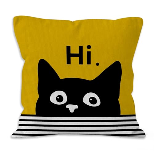 Black Cat Pillow Cover 18x18, Black Cat Decor, Yellow Whimsical Cats Pillow Covers for Couch Bedroom Home, Black Cats Gifts - color: Black Cat Hi
