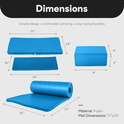BalanceFrom 7-Piece Yoga Set with 71x24x1 Inches Extra Thick Mat and Carrying Sling – Includes 2 Blocks, Stretch Strap, 2 Towels, and Knee Pad for Home, Studio, and Gym Workouts - color: Blue